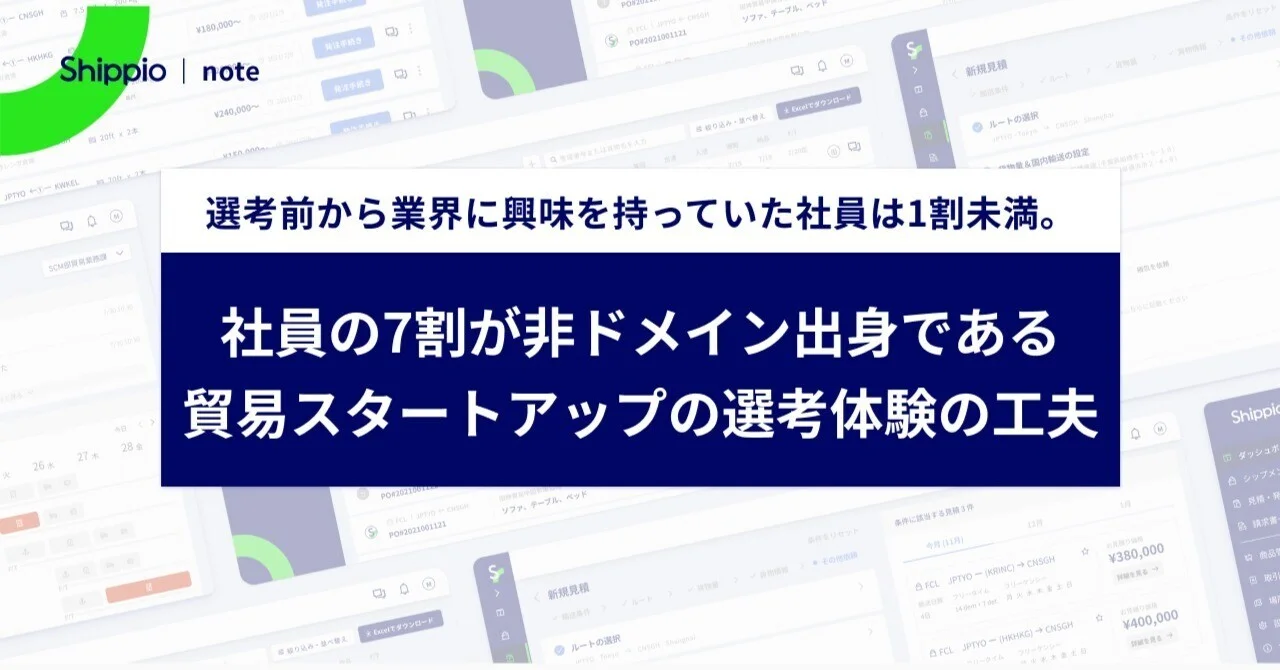 選考前から業界に興味を持っていた社員は1割未満。社員の7割が非ドメイン出身である貿易スタートアップの選考体験の工夫